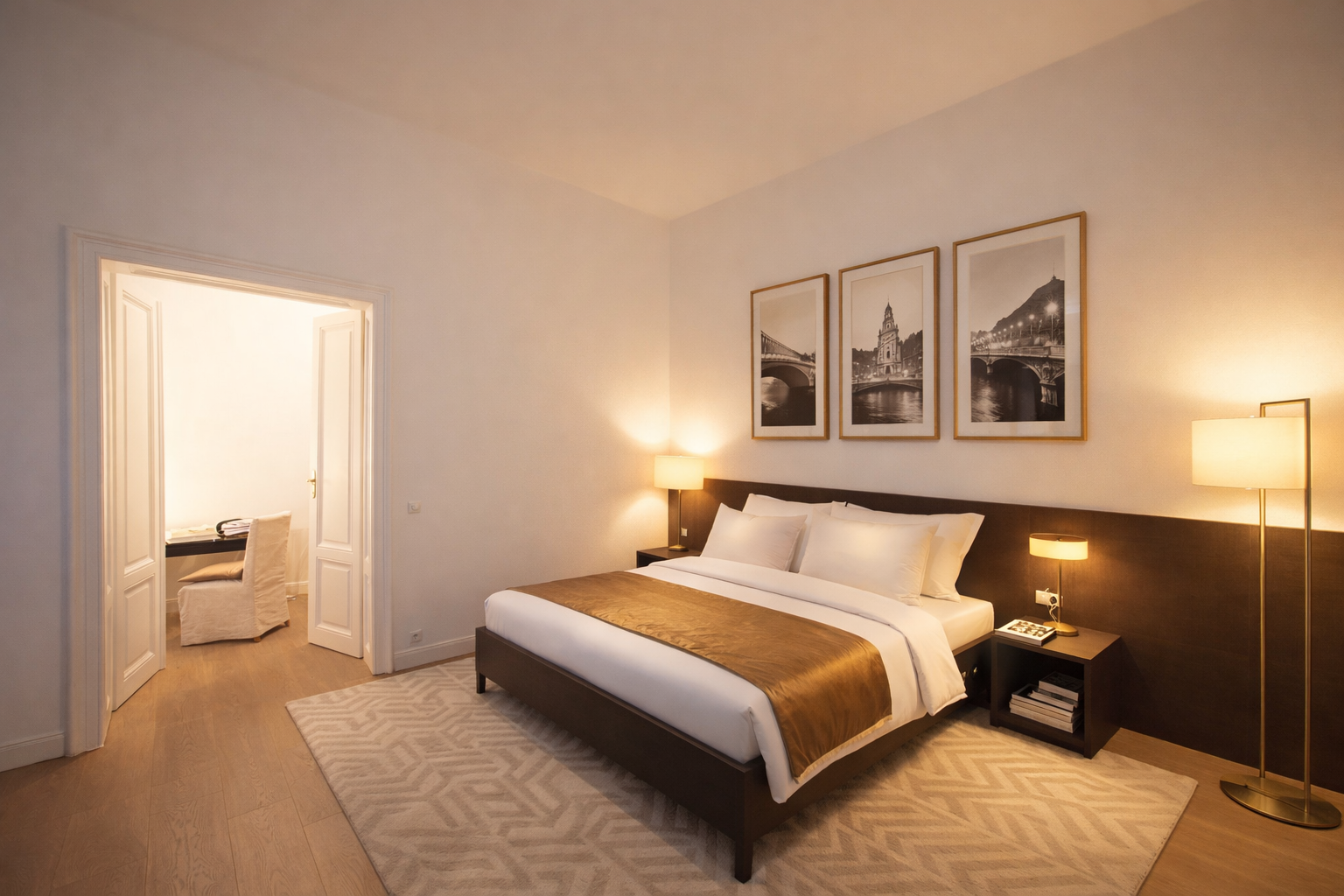 Bedroom with dark wood headboard and bedside lamps